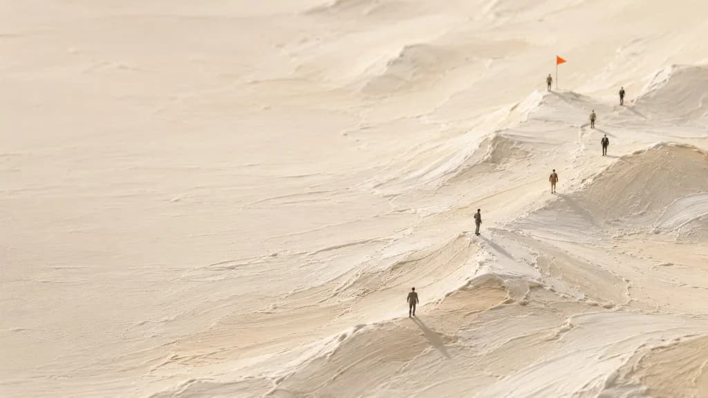 Miniature figures climbing a textured ridge toward an orange flag